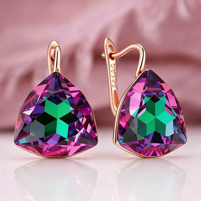 Wbmqda Lila Grün Farbverlauf Zirkon Tropfenohrringe für Frauen 585 Roségold Farbe Groß 25*13mm Schmuckzubehör