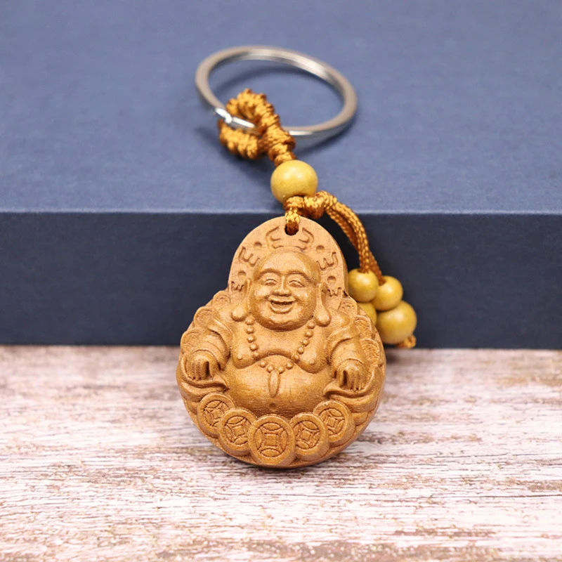 Religion Natural Wood Three-dimensional Engraving Buddha Keychain For Girls Men Fashion Women Jewelry Lucky Key Ring Chains New