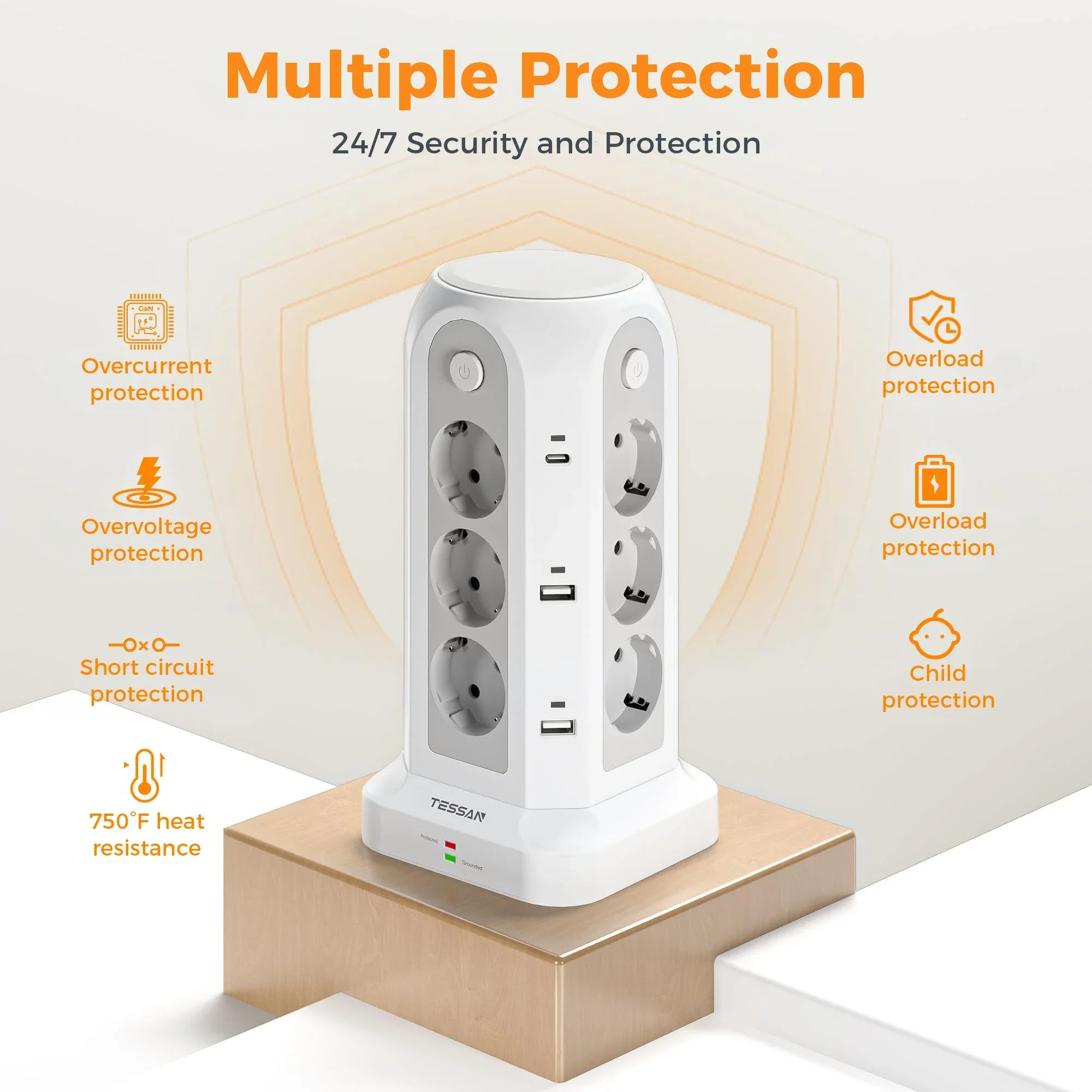 Listwa zasilająca TESSAN z 12 gniazdami, 4 oddzielnymi włącznikami, wielogniazdkowa listwa zasilająca z USB-C, przedłużacz 2m, adapter wtyczki