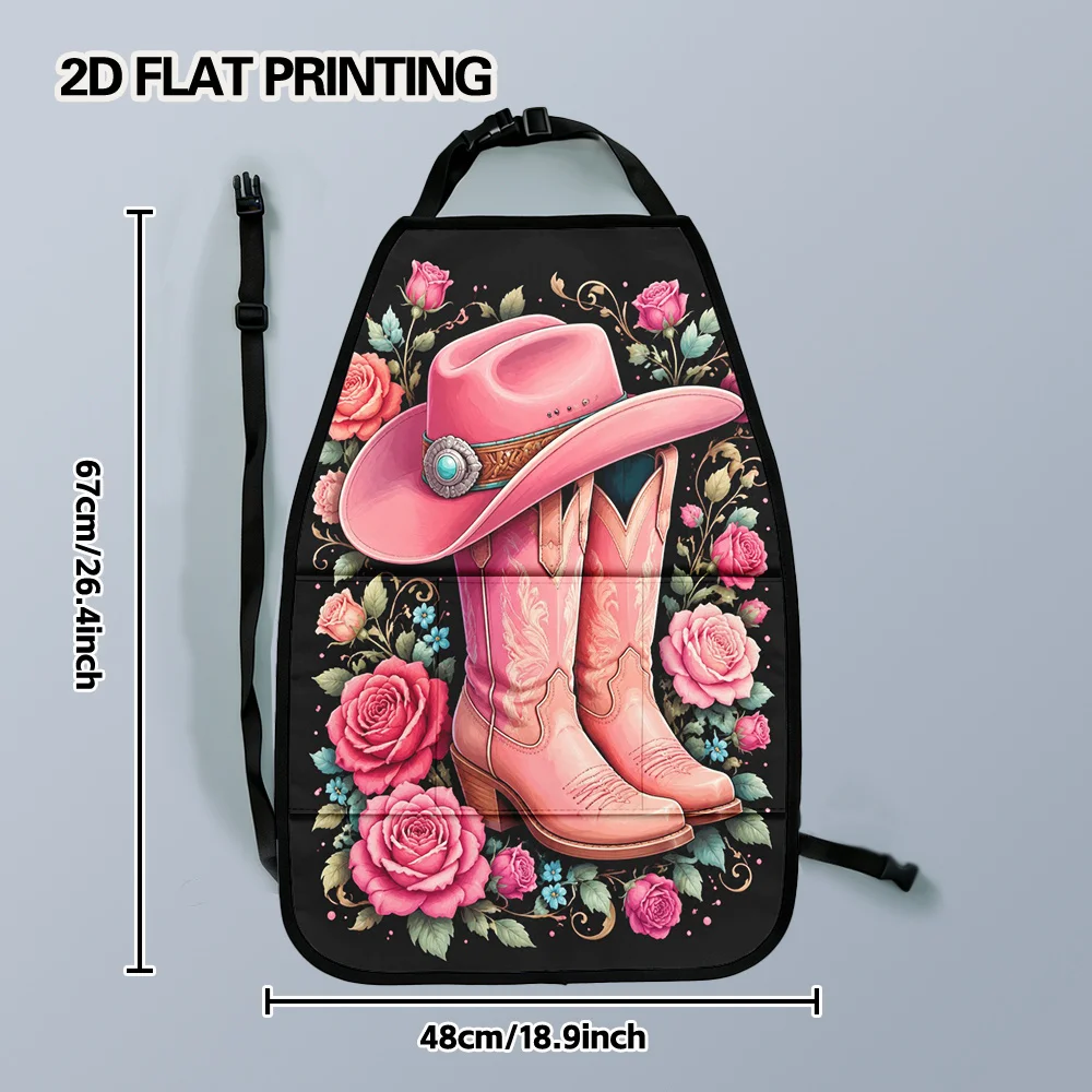 2D Flat, 2pcs Western Pink Floral Aesthetic Print Car Seat Back Storage Organizer Mats, Adjustable Multi-Pocket Design, Trendy V