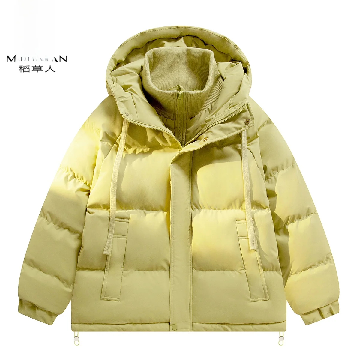 

Autumn Winter Cotton Jaet Fake Two-Piece Bread Sle ort Coat for Men And Women with Hood Thi Warm Polyester Fiber