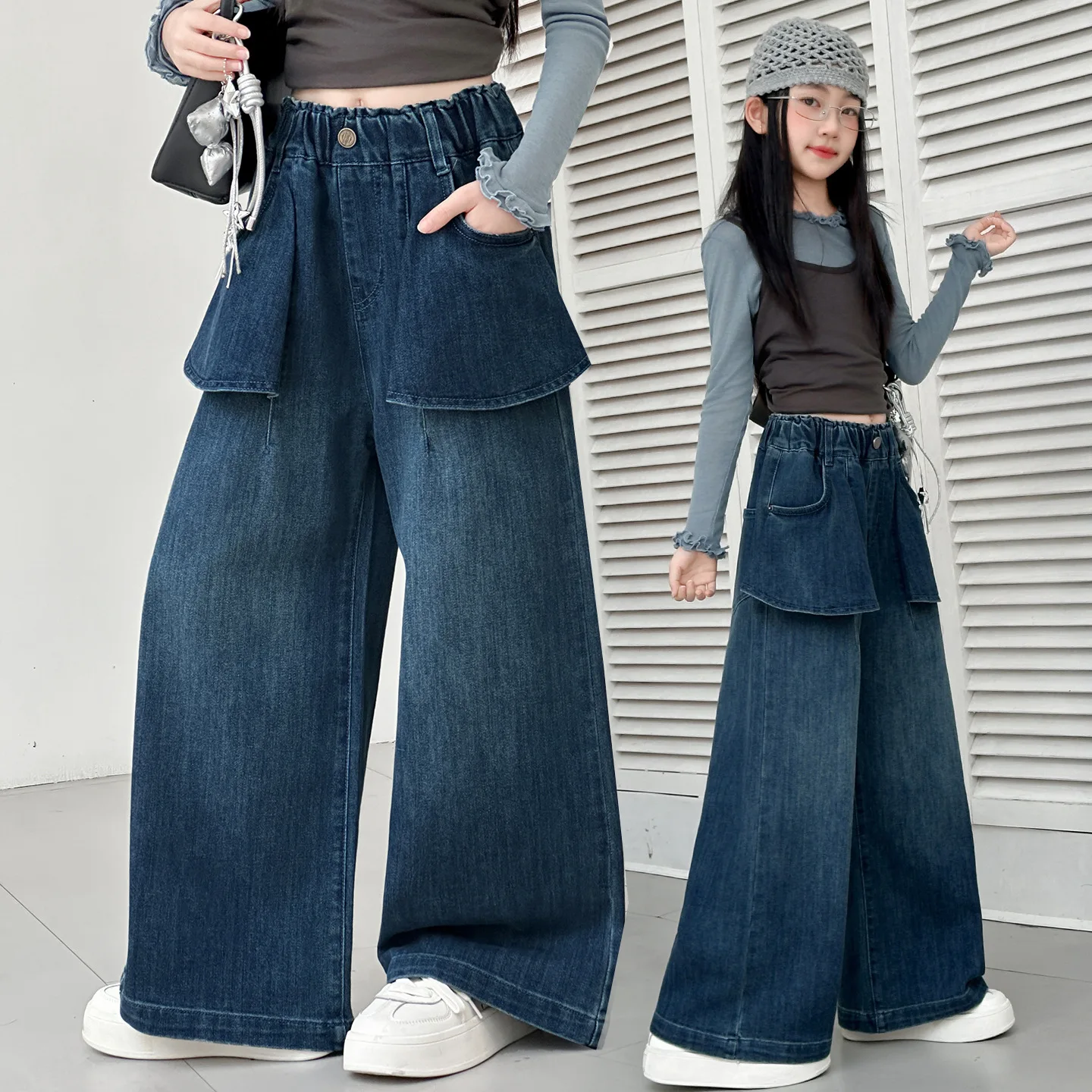 Teen Girls High Waist Wide Leg Jeans Spring Autumn New Style Lotus leaf edge fake skirt Design Denim Trousers for Kids 4-14 Year