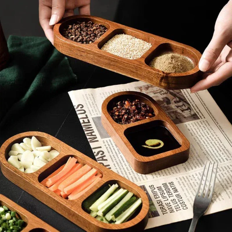 

Solid Wood Rectangle Tray 2/3 Grid Condiment Plate Breakfast Sushi Bread Dessert Sauce Plate Kitchen Dinner Seasoning Dish