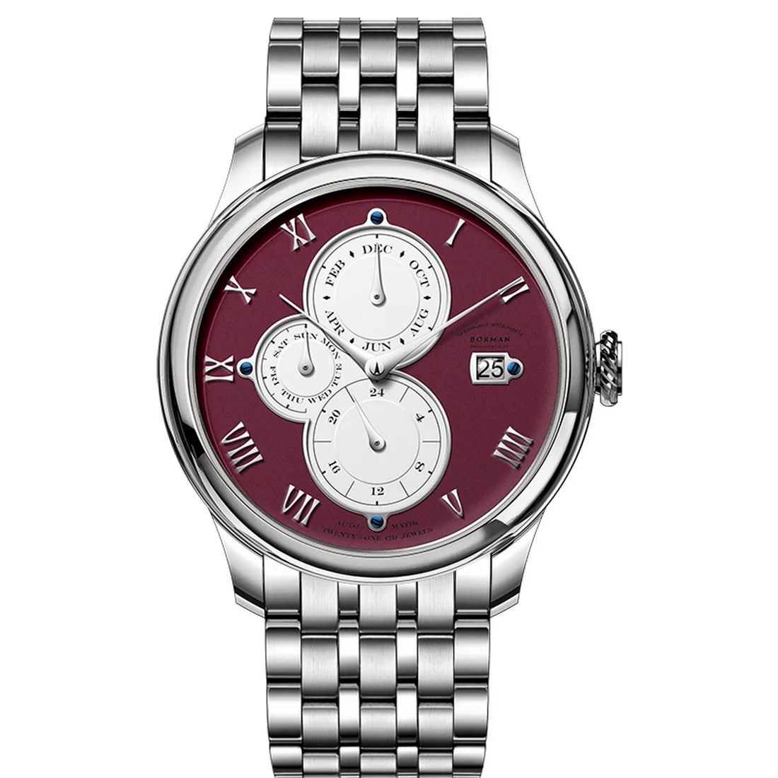 BORMAN 남자 자동 시계 40mm 기계식 손목 시계 방수 사파이어 빛나는 멀티 다이얼 월 주 날짜