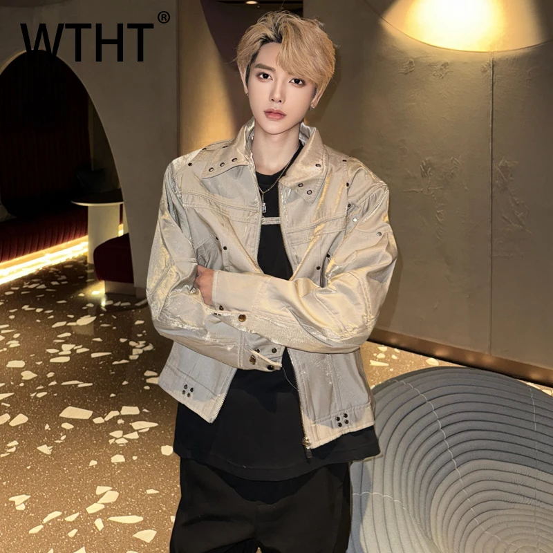 

WTHT модные мужские однотонные уличные пальто со сращенными заклепками, винтажные куртки на молнии с отложным воротником, мужские куртки, осень 2023, 2A2127