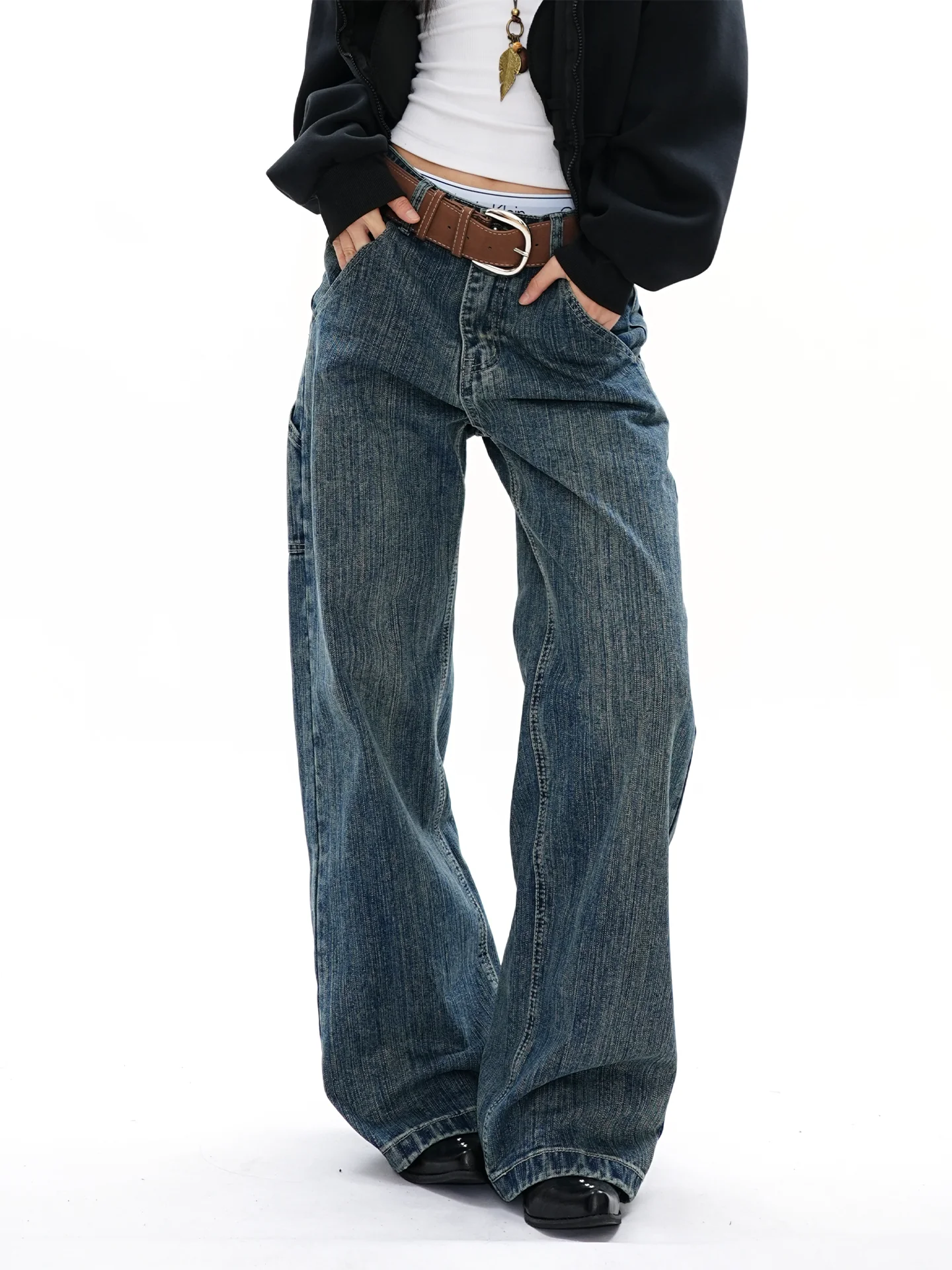 

S3T5 Синие прямые джинсовые джинсы с талией, женские повседневные брюки свободного покроя, универсальные брюки с узором бамбукового узора в американском стиле