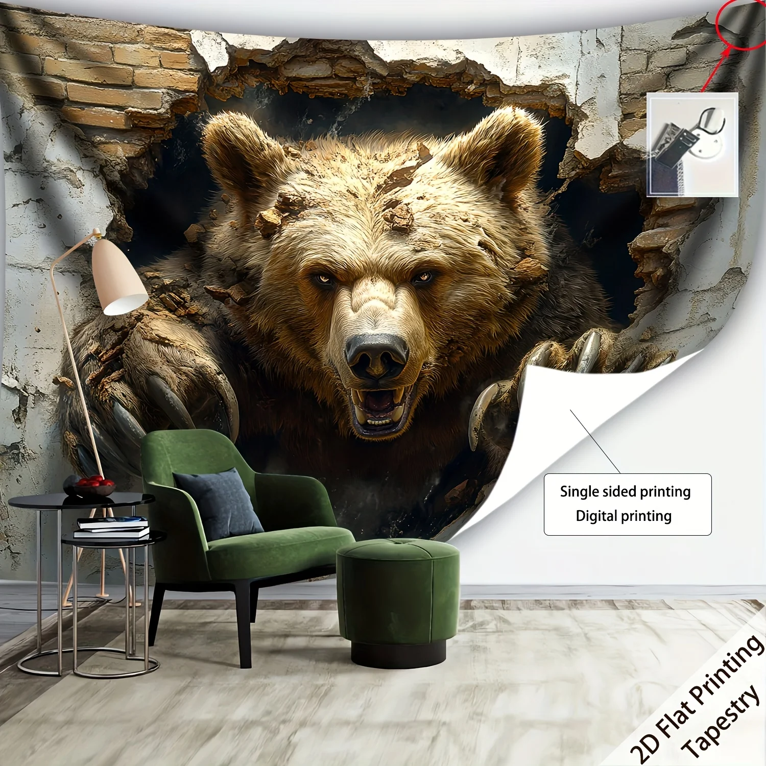 VIKAMA 3D Brown Bear Break Wall Tapestry Realistic Animal Print Wall Hanging for Living Room Bedroom Cool Home Decor