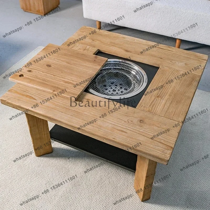 الخشب الصلب في الهواء الطلق موقد الشاي شرفة طاولة شاي مربع التدفئة الجدول النار طاولة القهوة متعددة الأغراض #5