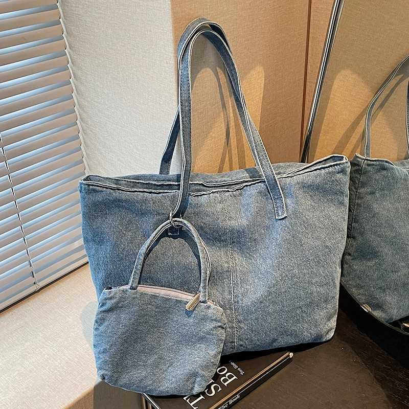 

High Quality Women Denim Handbags Shoulder Bags Large Capacity Ladies Big Tote Messenger Bags Casual Female Solid Shopping Bag