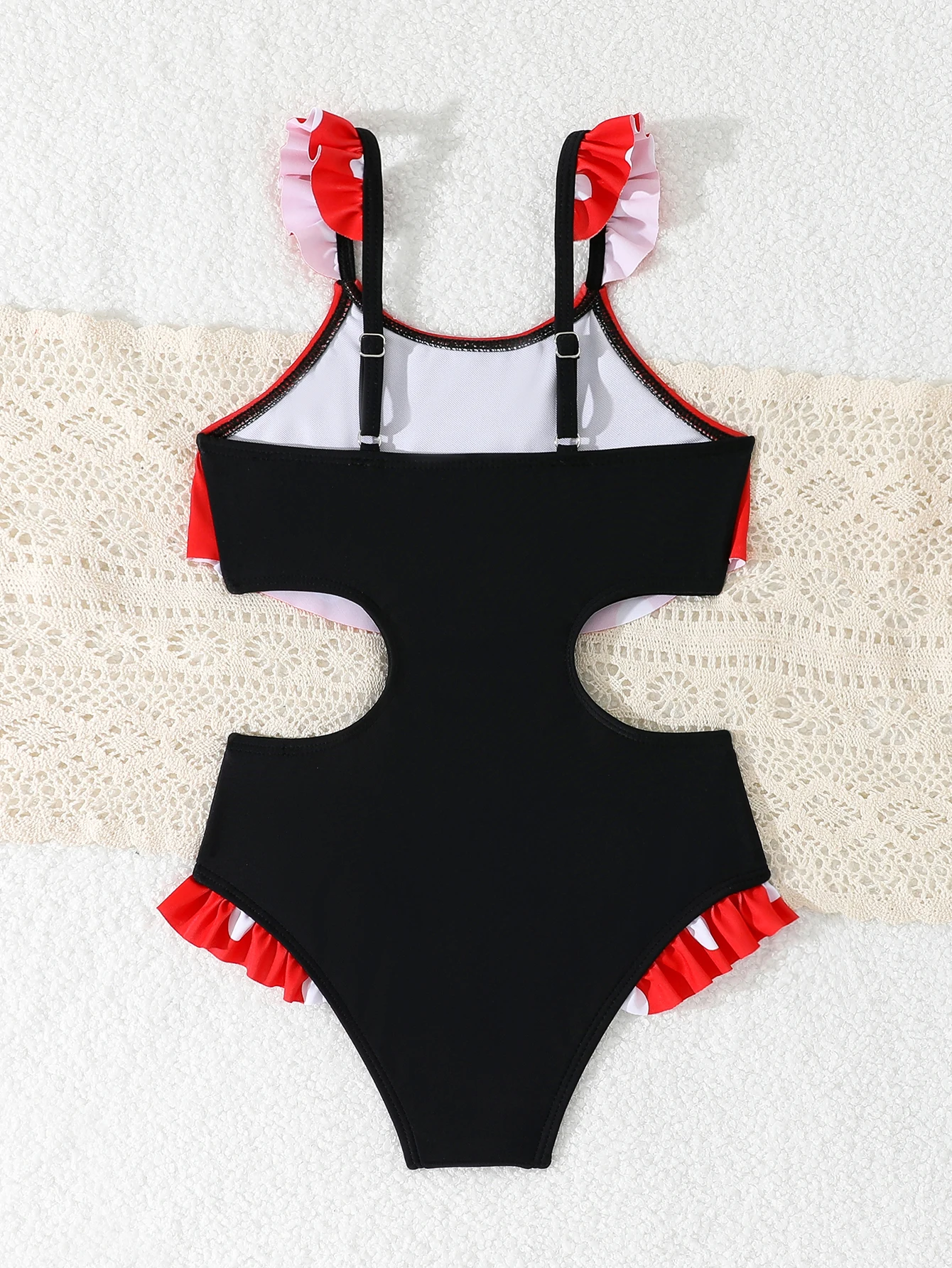 2026 Strappy Ruffle Little Girls Swimsuit One Piece Hollow Printed Swimwear Children Bathing Swimming Swim Suit 4Y-7Y