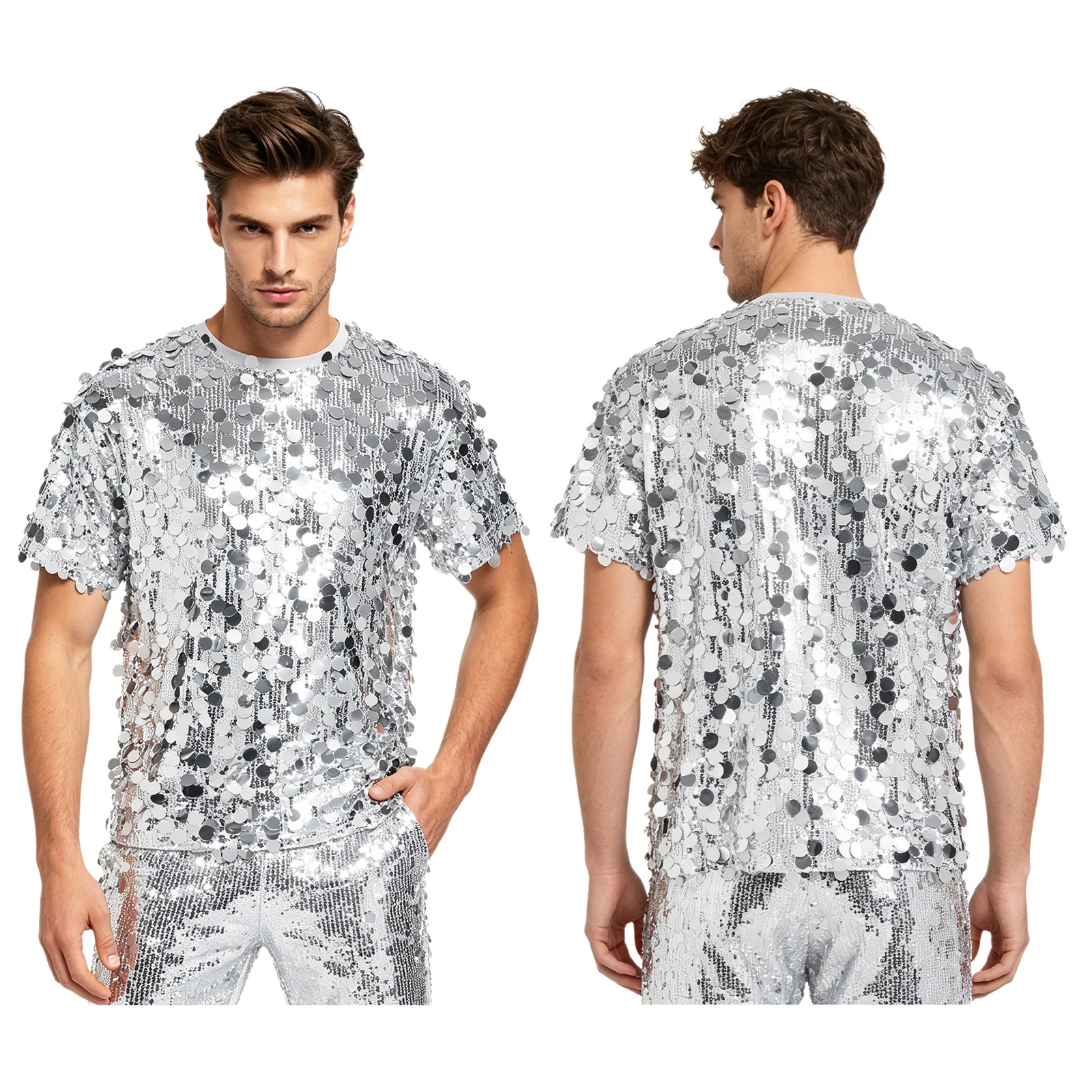 メンズスパンコールジャズダンストップス-グリッター-クルーネック-半袖tシャツ-裏地付き-クラブウェア-ディスコ-ヒップホップ-レイブ-パーティー-ダンス用