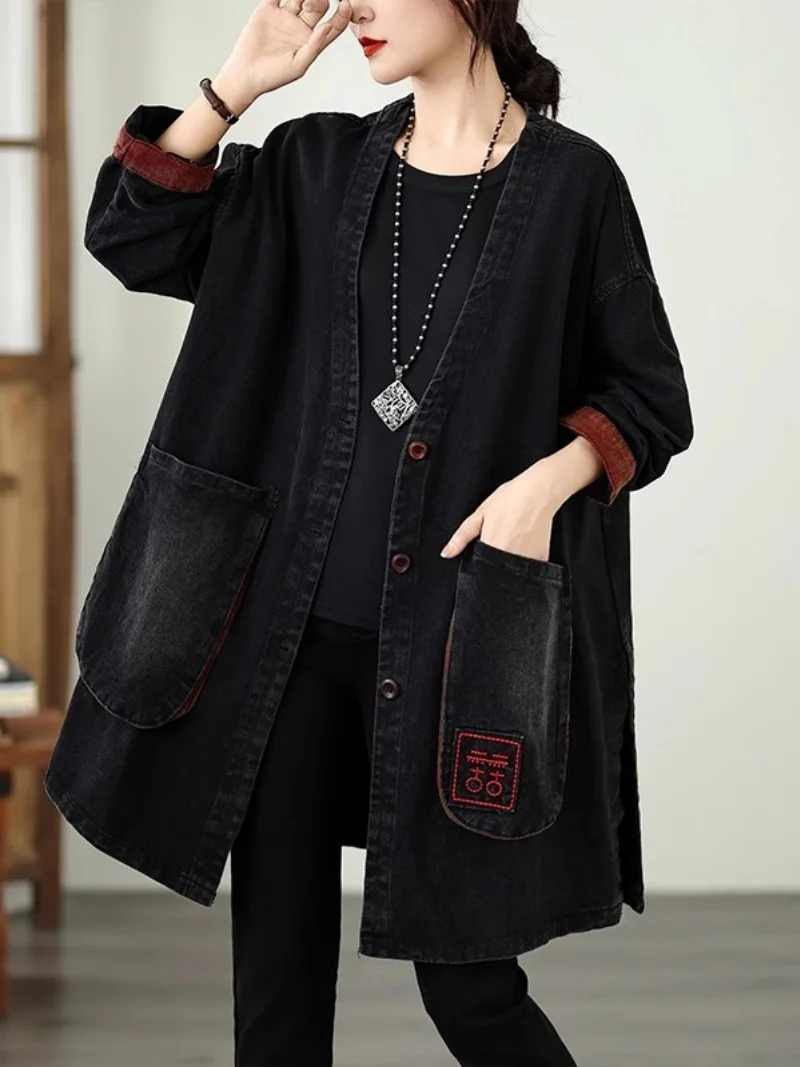

Fashionable Retro Cowboy Embroidered Medium Length Coat For Women 2025 Autumn Style Versatile Fashion Denim Windbreaker Top W363