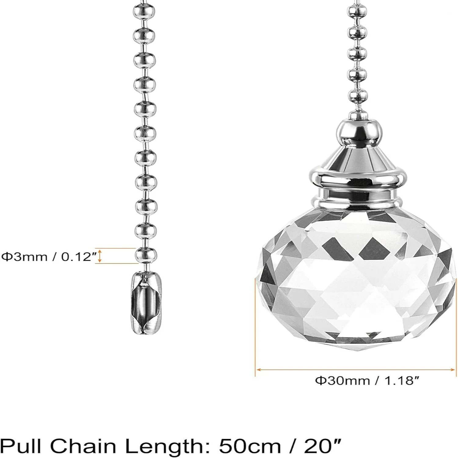 Ceiling Fan Pull Chain, 20 Inch Nickel Finish Chain Ornament Extension, 30mm Red Crystal Ball Pendant 2Pcs