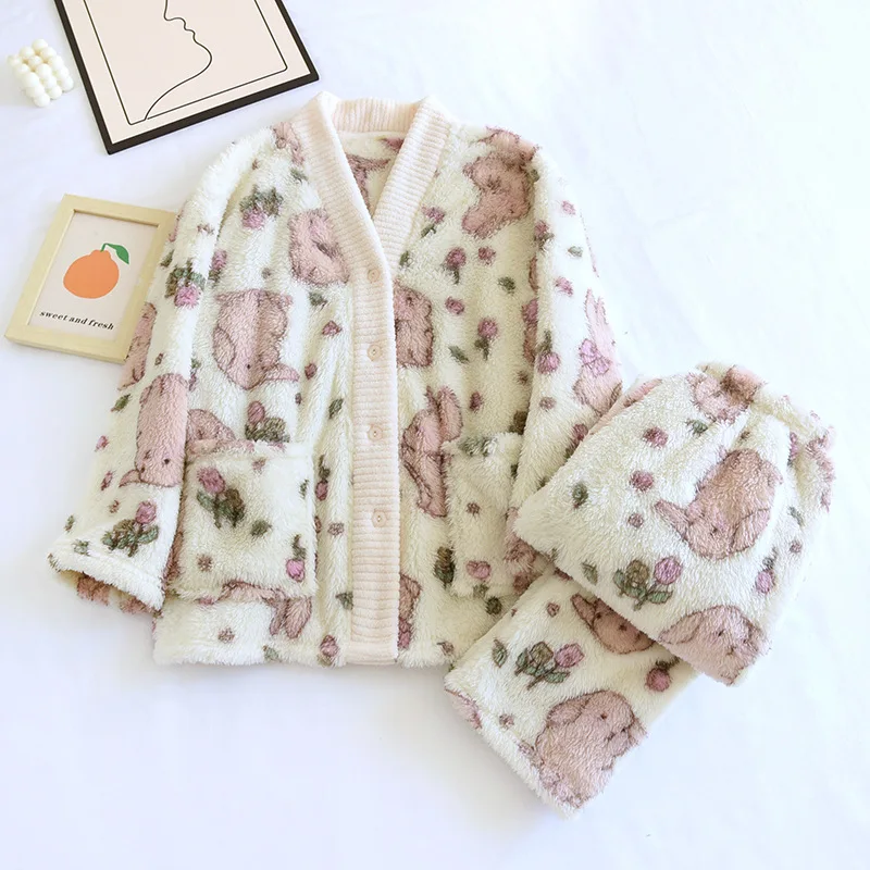 Flannel Pajamas Sleepwear For Women Thickened Warmth Home Wear Sleeping Wear Printed With Animals Women\'s Underwear Set