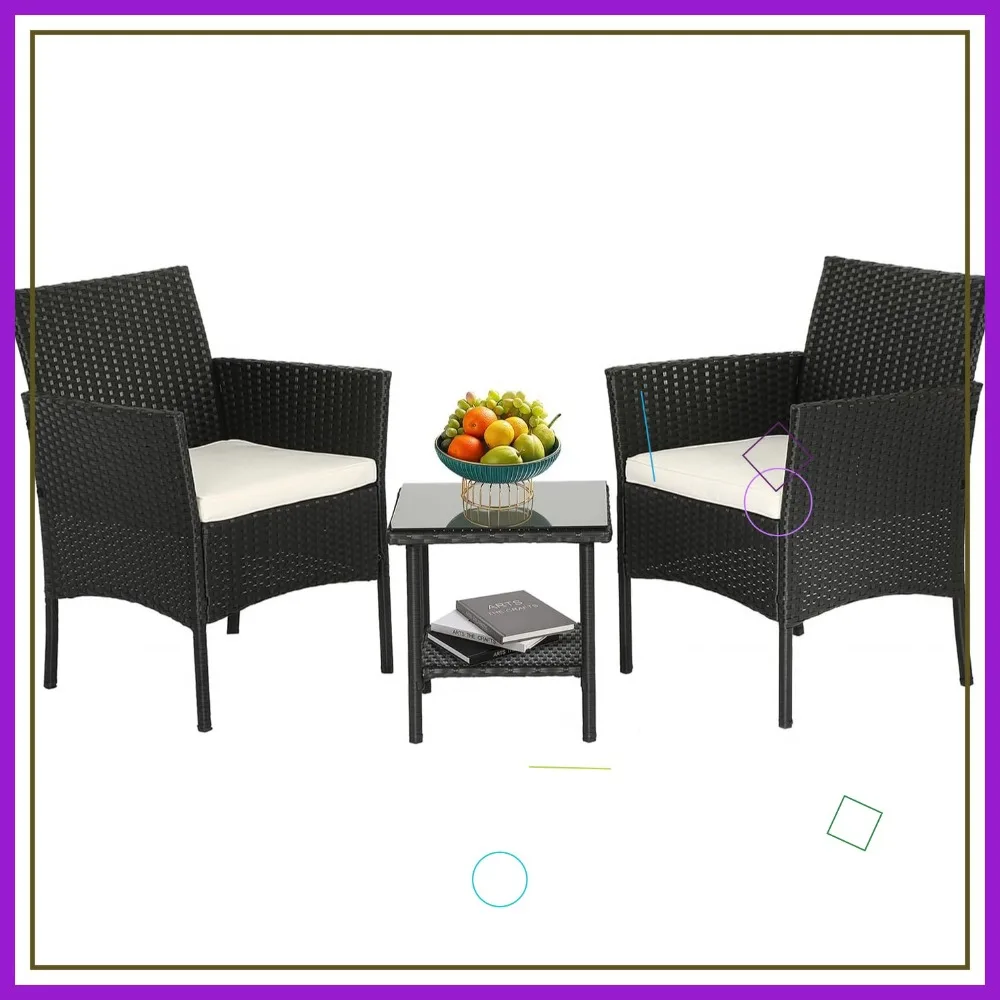 

FDW Wicker Patio Chairs Set of 3 with Coffee Table, Black Outdoor Rattan Furniture for Yard Porch