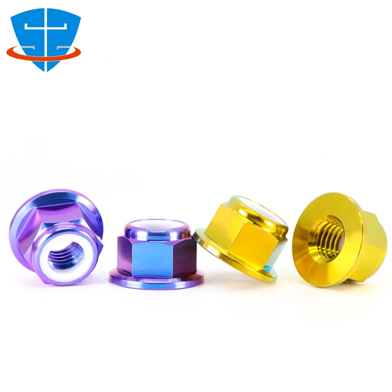 M5 M6 M8 M10 M12 DIN1663 TC4 Gold Purple Titanium Alloy Flange Nylon Lock Nut For Bicycle Bike Motorcycle Car Refit Repair