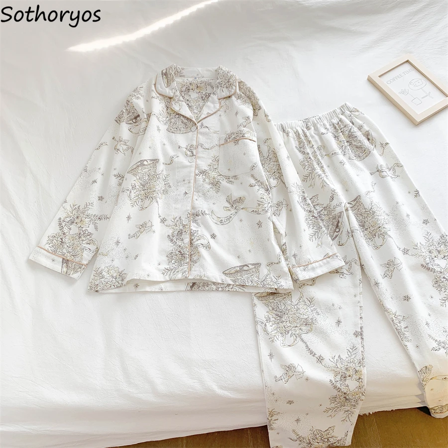 

Пижамные комплекты женские осенние с длинным рукавом шикарные корейские модные повседневные милые студенческие домашние костюмы с принтом однобортные пижамы Ins