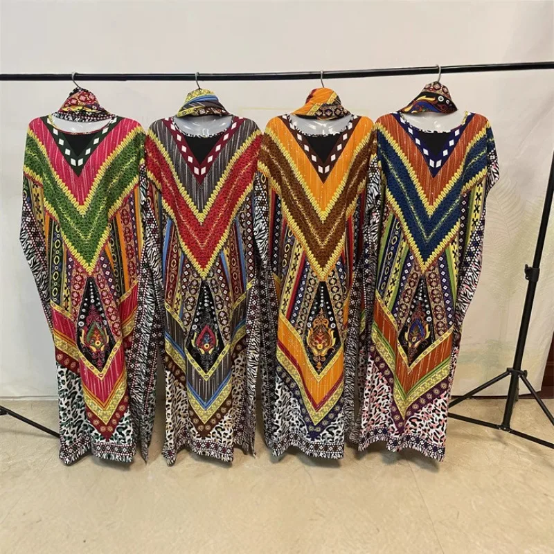 2025 African Summer Short Sleeve Dashiki Dress with Big Scarf Loose Boubou Maxi Islam Women Casual Dress Diamonds Abaya Clothes