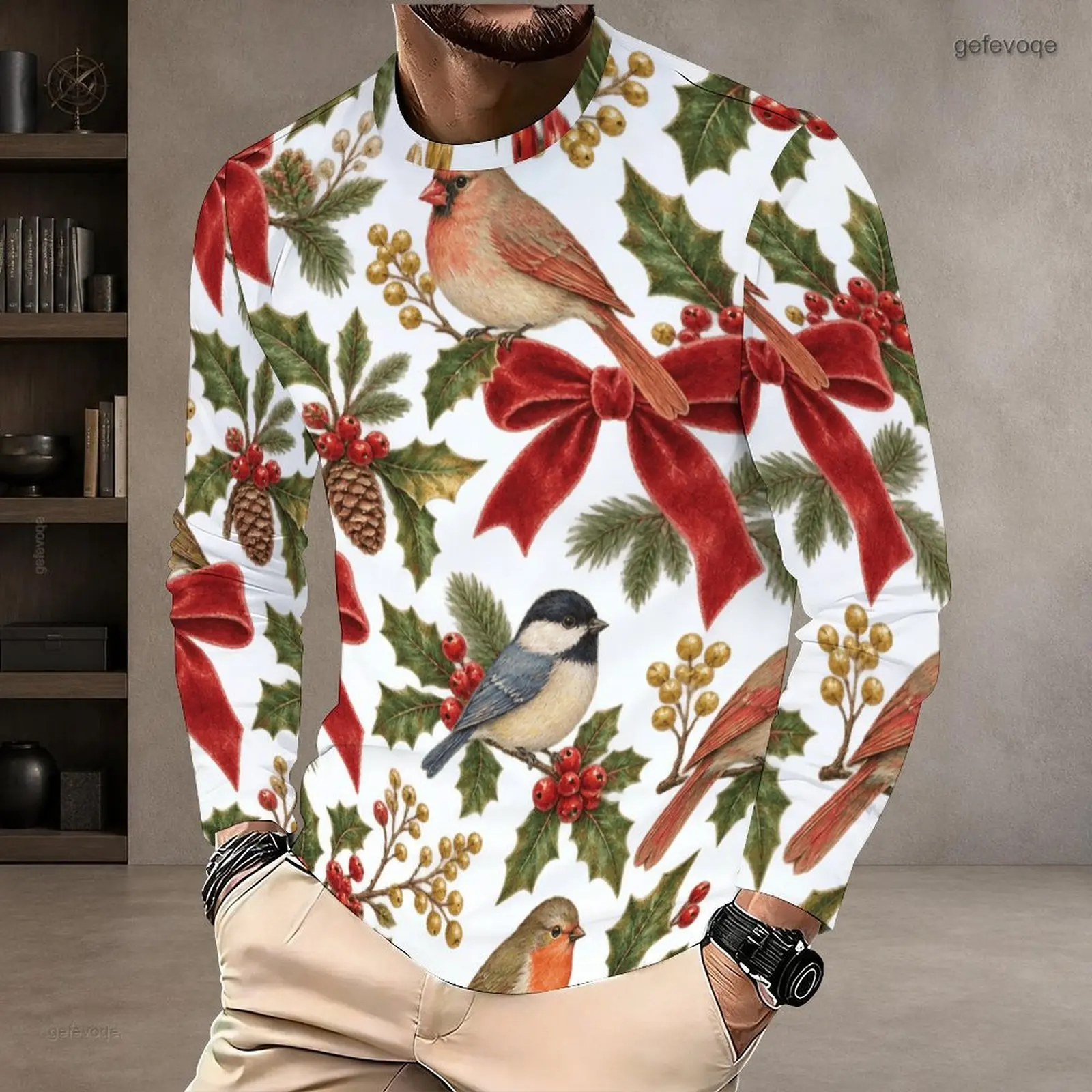 Men Round Neck Long Sleeve T-Shirt, All Over Printed Otter and Holly Berry Pattern White Base