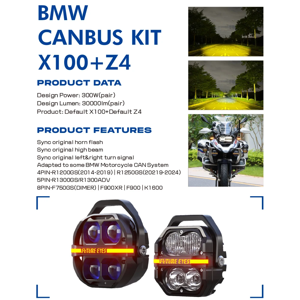 Future Eyes CANBUS Kit X100 Z4, 300w Motorcycle Fog Lights Kit, LED Motorcycle Auxiliary Driving Lights for Night Riding