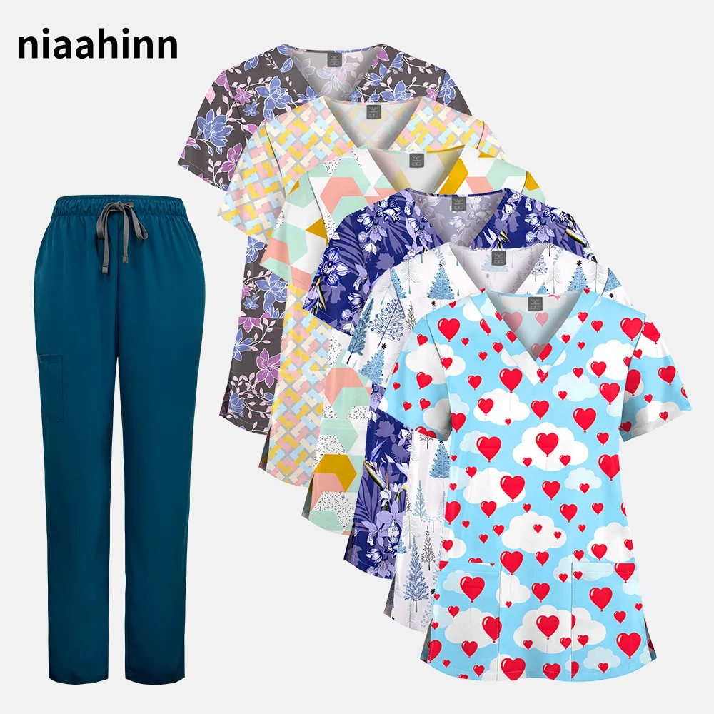 Multicolour Print Pharmacist Suit Short Sleeve Doctor Nursing Uniform V-neck Nurse Tops Pants Scrubs Sets Clinic Medical Clothes