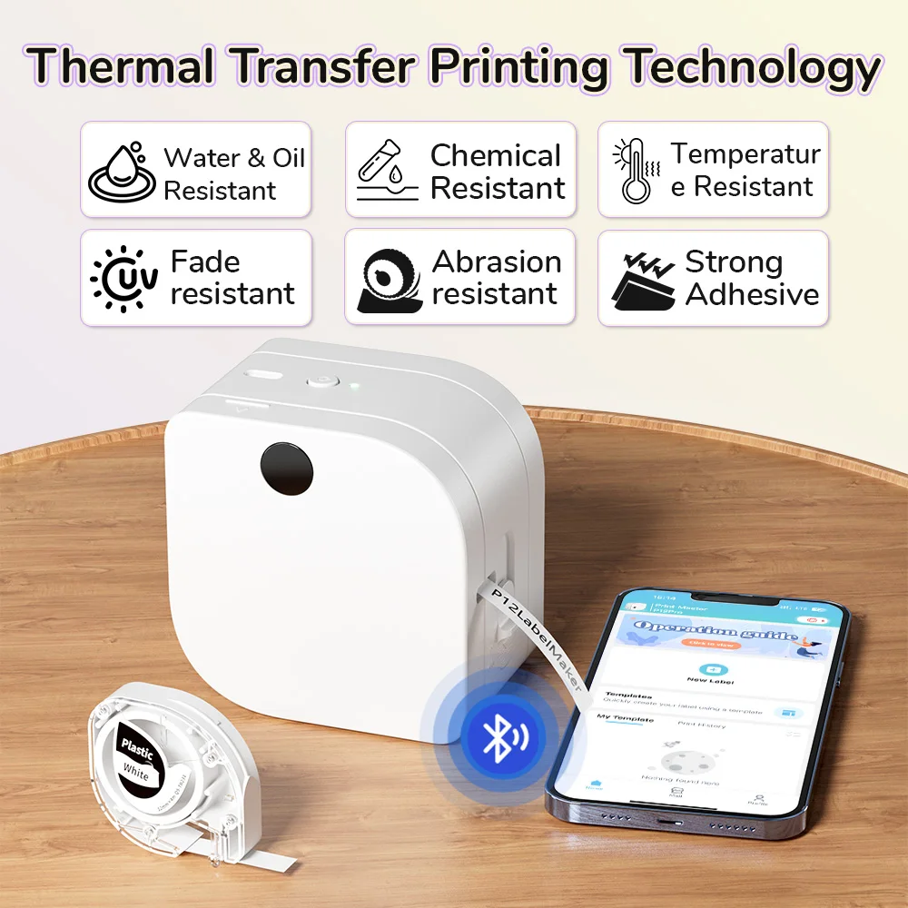 Phomemo P12 Portable Bluetooth Label Maker Thermal Transfer Printing with Multiple Templates Icon for Storage, Office, Home