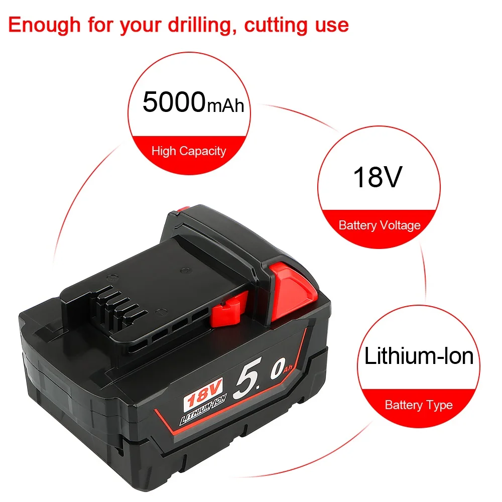 M18 18V 5.0Ah Red Replacement Li-Ion Battery for Milwaukee M18B6 18V Tools Lithium-Ion Battery 48-11-1860 48-11-1850 48-11-1820