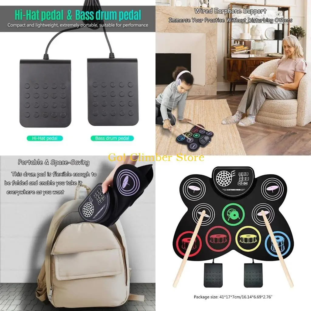 Q84C Electronic Drum Pads, 9 Pads Roll-up Practice Drum Set Built-in Speaker and Headphone Jack, Drum Sticks and Drum Pedals