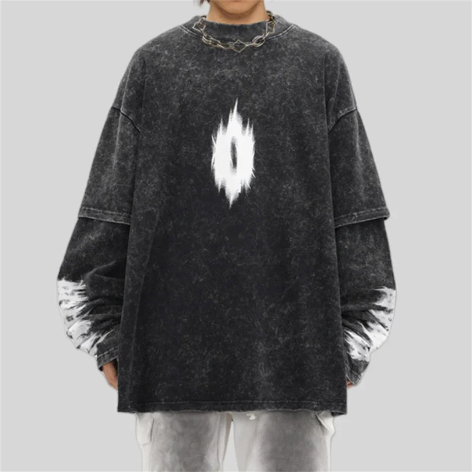 

Vintage Black Oversized T-Shirt Streetwear Graphic Print Washed Long Sleeve Tshirt Grunge 2024 Hip Hop Harajuku Punk Loose Tops