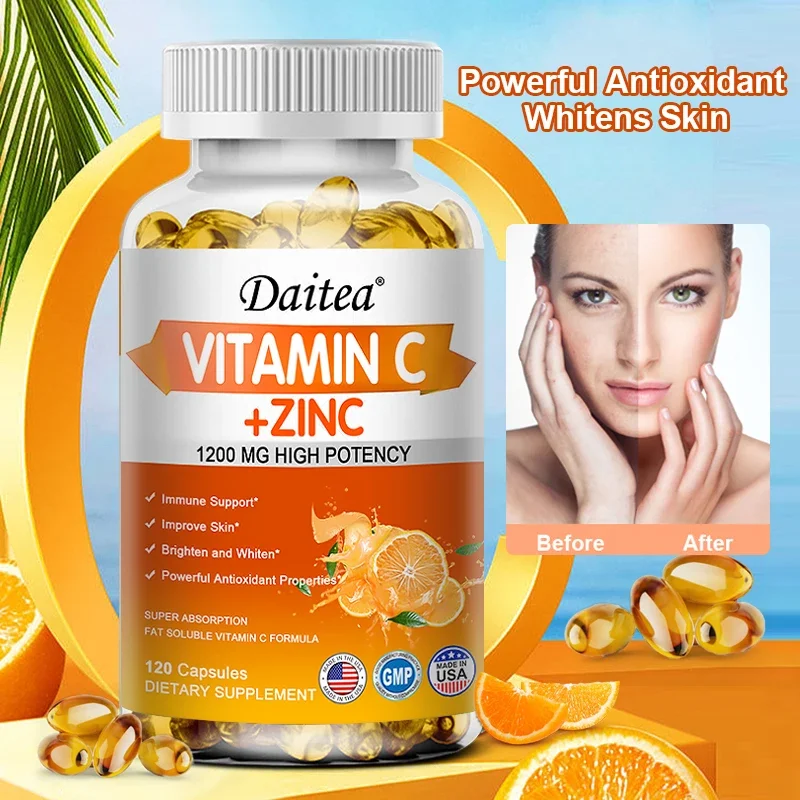 Vitamin C + Zinc Capsules - Immune System Booster Antioxidant Helps Improve Skin Brightening Supports Cellular Energy Production