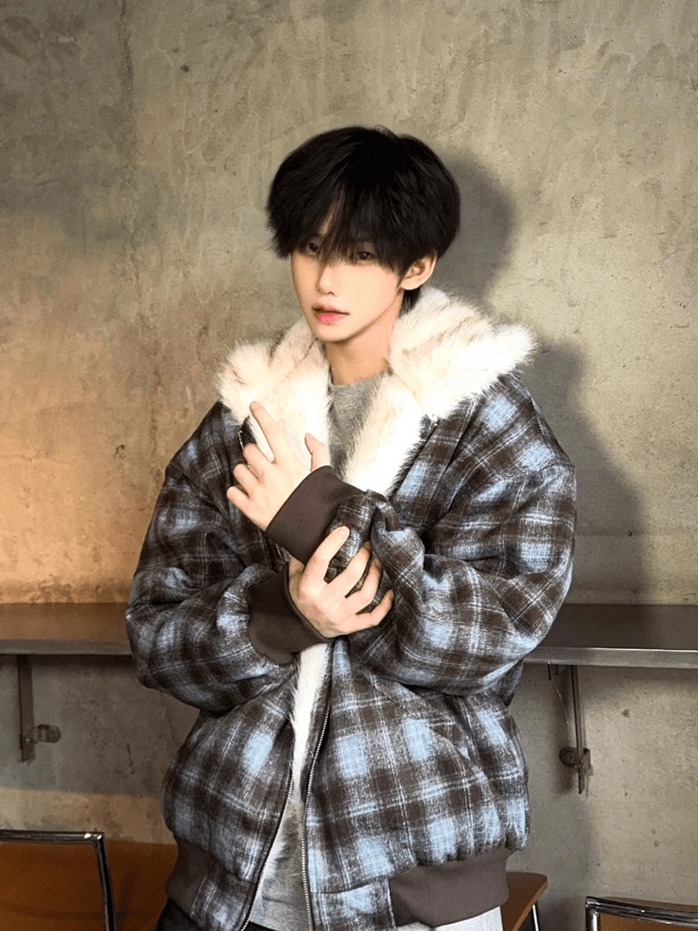 

American Retro Plaid Hooded Cotton Jaet Men's Winter Thiened Warm Double-sided Wear Versatile Matching Casual Coat