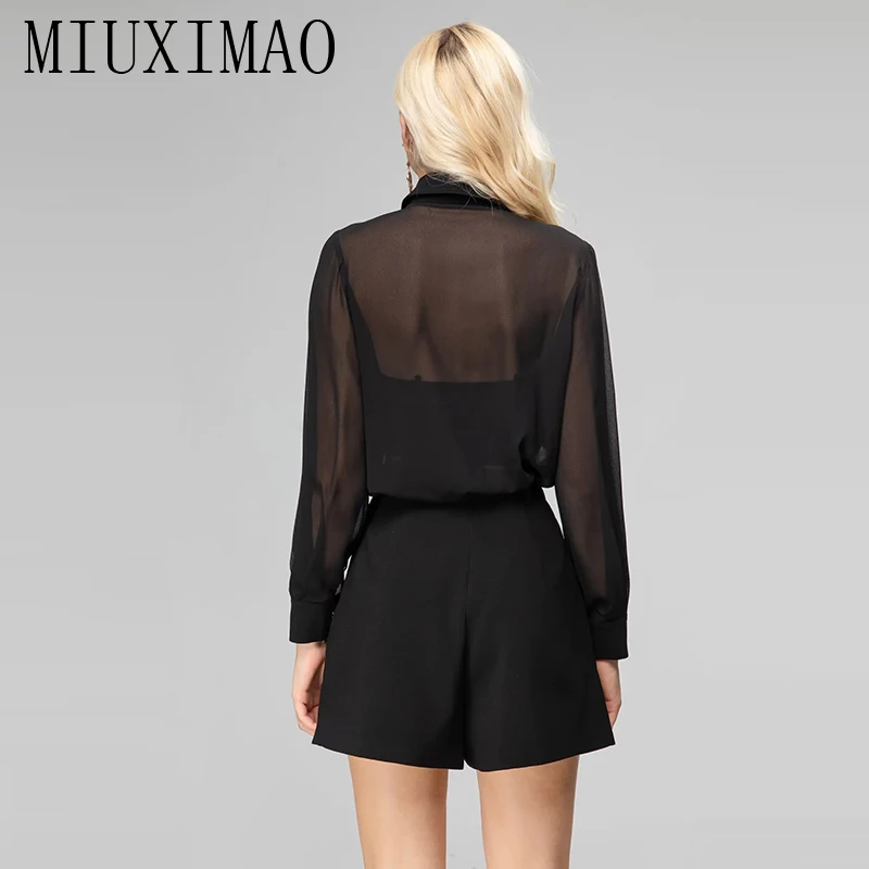 MIUXIMAO 2023 High Quality Spring&Summer Embroider Set Long Sleeve Lapel Chiffon Shirt+Short Fashion Two-piece Set Women Vestide