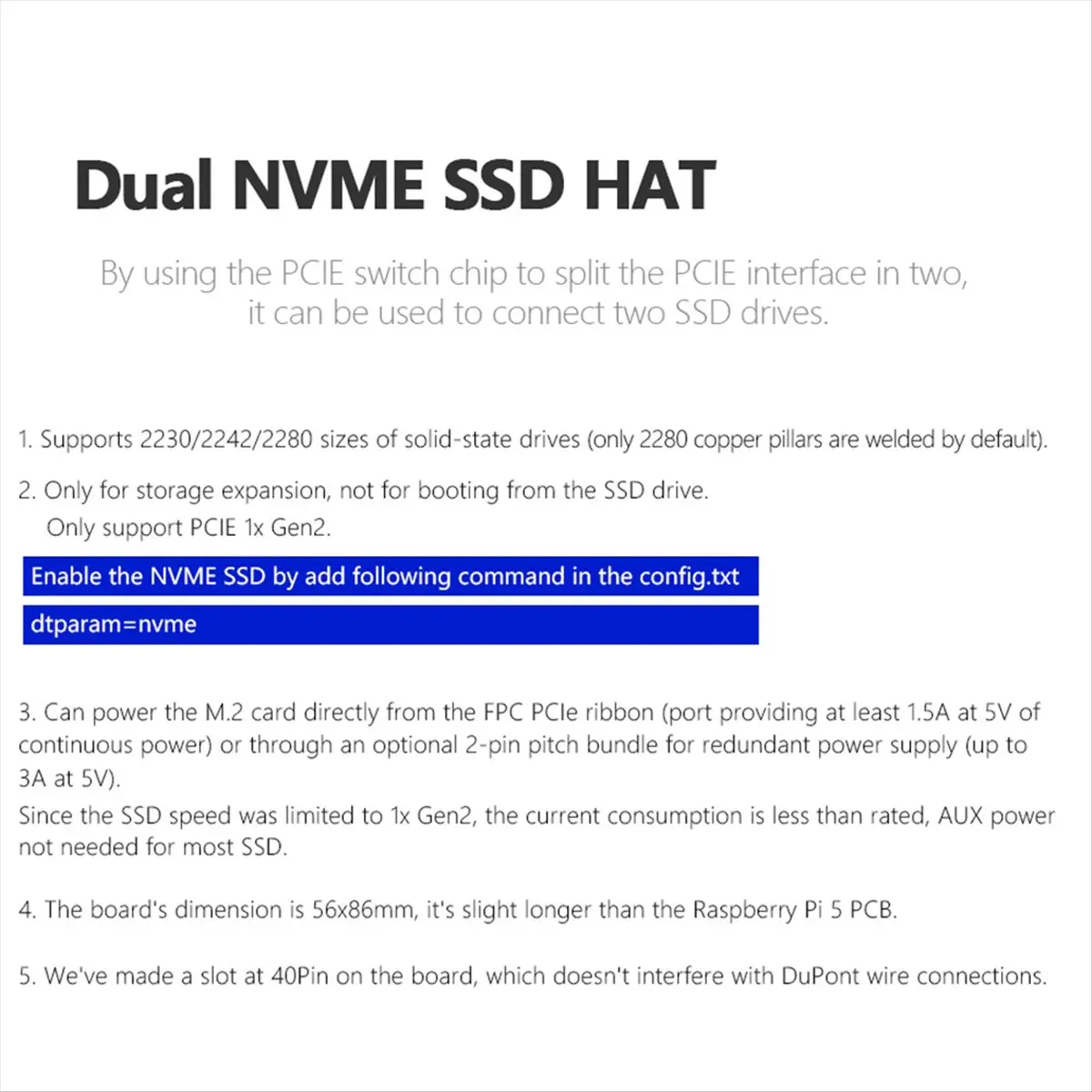 2026 جديد + MPS2280D + حافظة لـ 5 PCIE إلى M.2 Dual NVME SSD HAT يدعم 2280/2242/2230 SSD #3