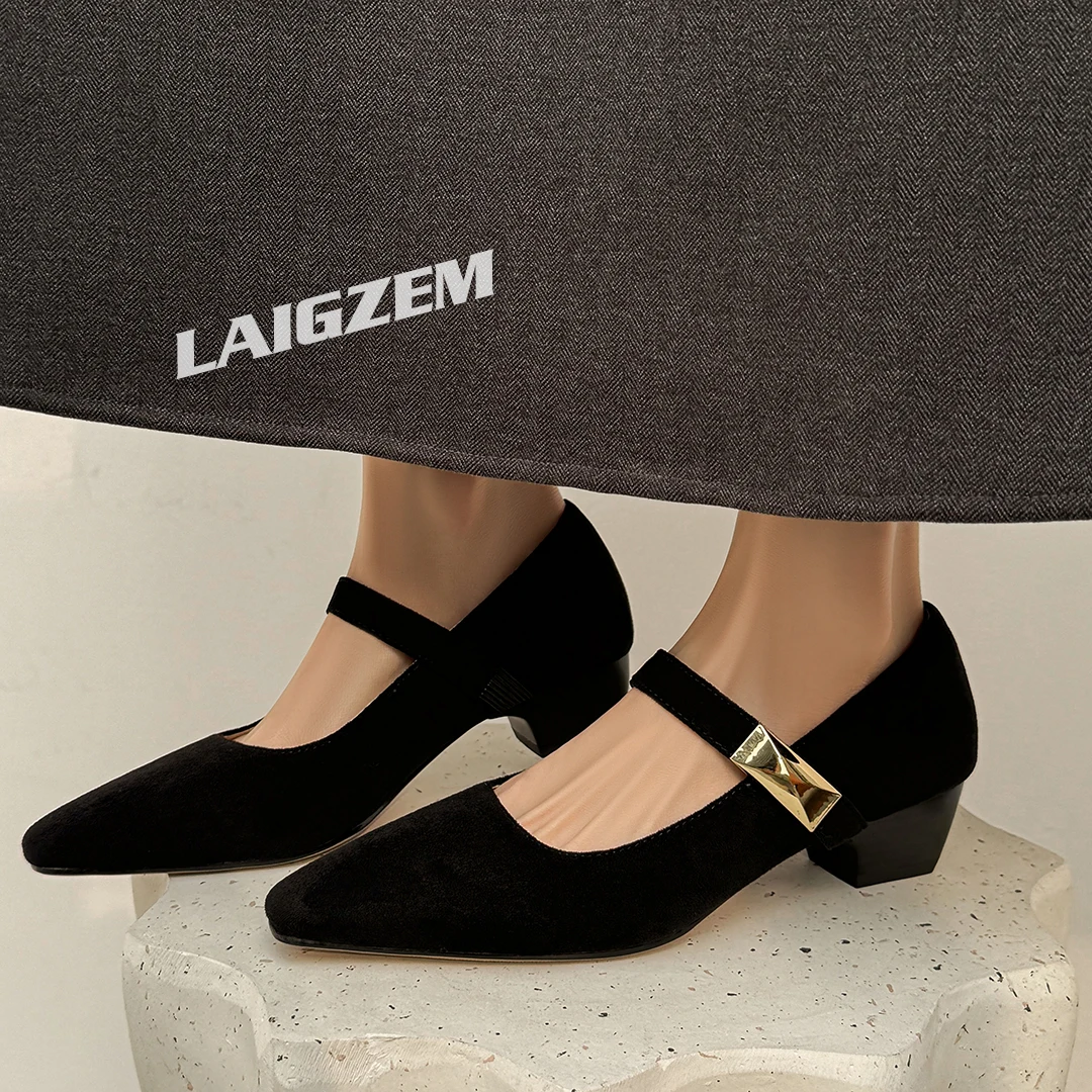 

Женские туфли-лодочки LAIGZEM из искусственной замши на толстом каблуке 3 см, ручной работы, для вечеринок, выпускных, свадеб, удобные, ручной работы, женские размеры 35, 38, 48
