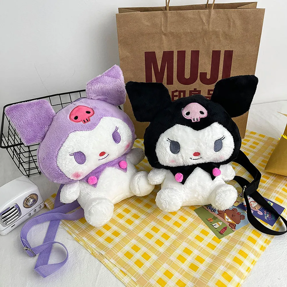 Sanrios Kawaii Plush Cartoon Kuromi Girl Shoulder Bag Anime Plushie Messenger Bag Keys Coin Purse Handbag Girl Doll Toy Gift