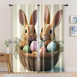 2pc, Party Window Curtains Easter Bunny Basket Machine Washable Fabric,Without Electricity Festive Holiday Perfect for Indoor
