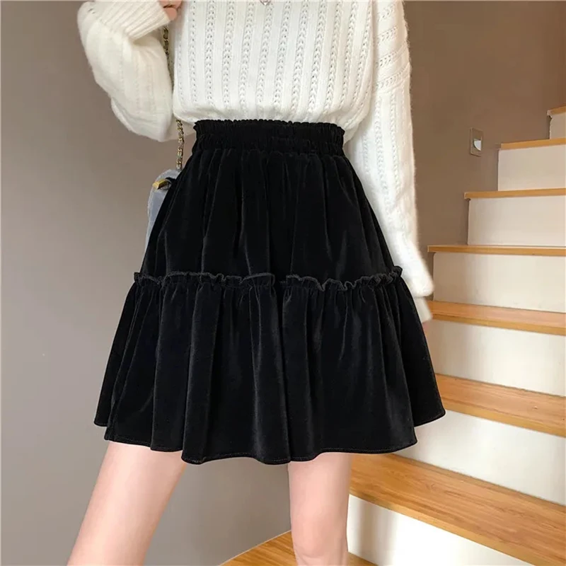 Black Velvet Patchwork Mini Skirt Women Sweet Solid A Line High Waist Skirt Fashion Pretty Style Pleated Summer Student Skirt