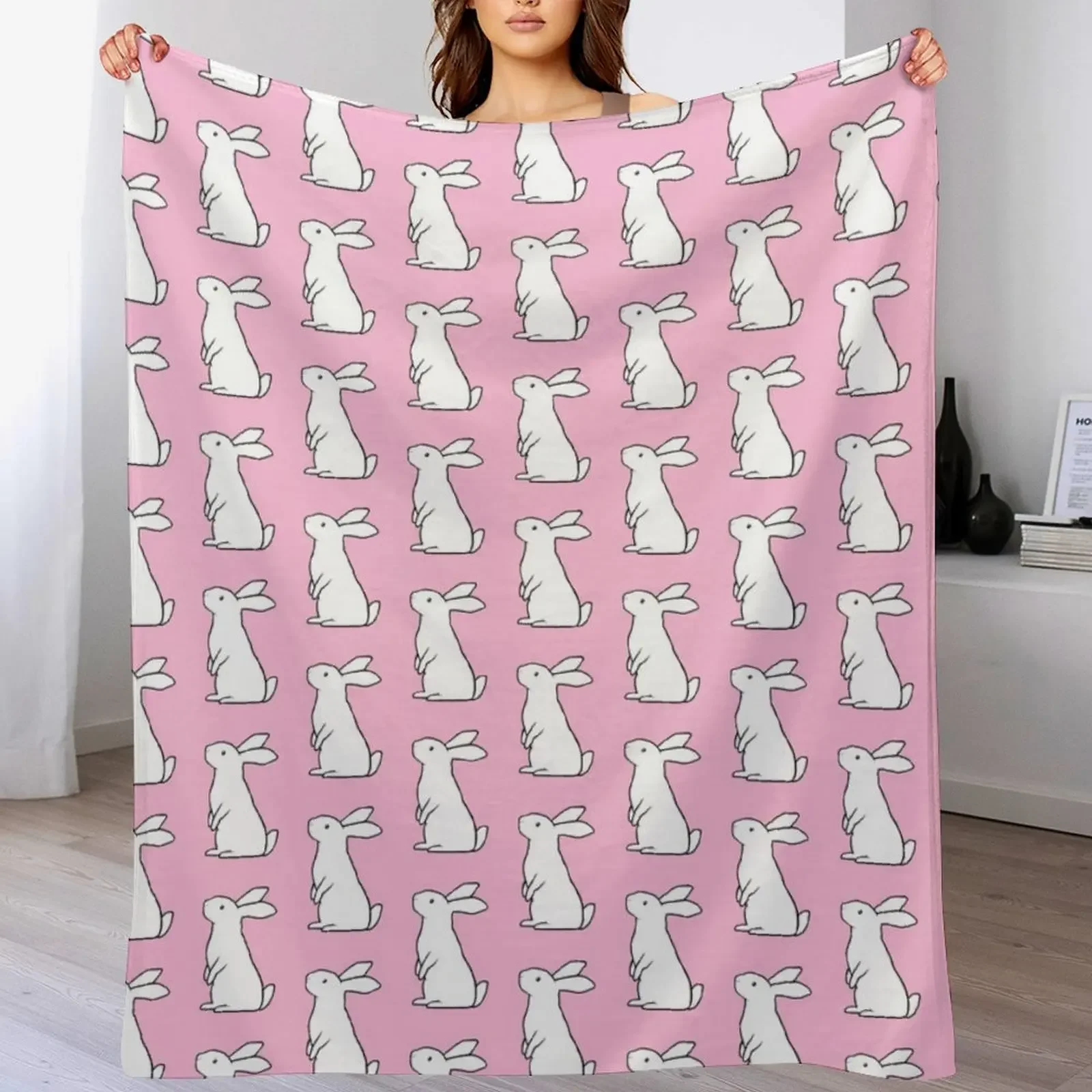 

Simple rabbit - white with pink background Throw Blanket Multi-Purpose Decorative Beds Shaggy Extra Large Throw Blankets