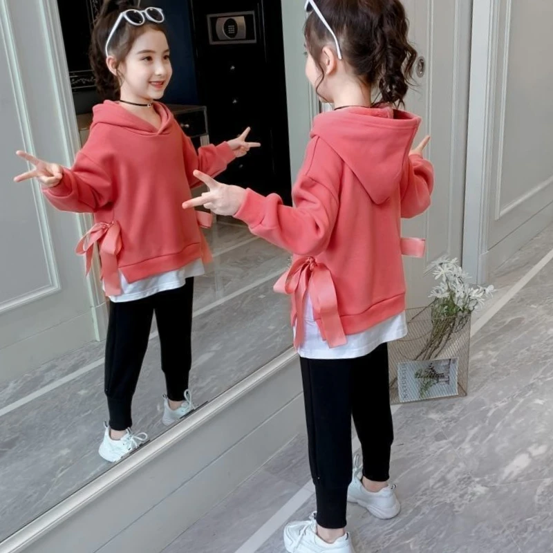 Girls' Cotton-blend Hoodie 2025 Autumn New Arrival Layered Two-piece Design Middle-Large Size Kids Korean Style Chic Outfit