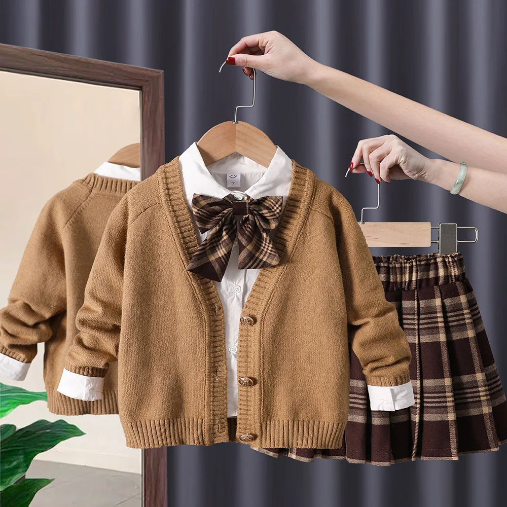 

Girls Sweet Suits Autumn Outfit Baby College Wind Spring Grid Pleated Skirt+Sweater Cardigan+Shirt 3pcs Sets Kids