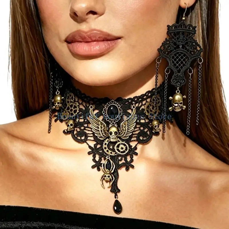 U4LF Party Ready Gothic Jewelry Set with Lace Collar, Coordinated Earrings and Pendant Chain Detail for Festival Styling