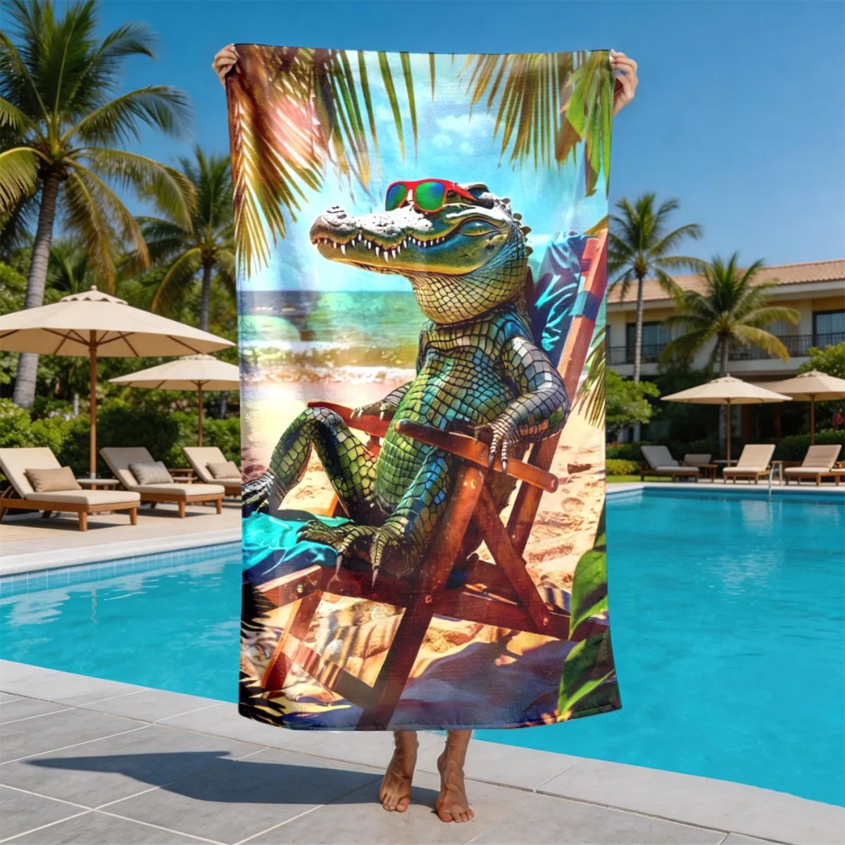 Crocodile Beach Lounge Chair Theme polyester microfiber beach towel is highly absorbent, suitable for swimming and beach outings