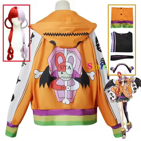 Halloween Cosplay Anime Film Red Uta Hooded Hoode Jackets Orange Outfit Costume Wig MN9