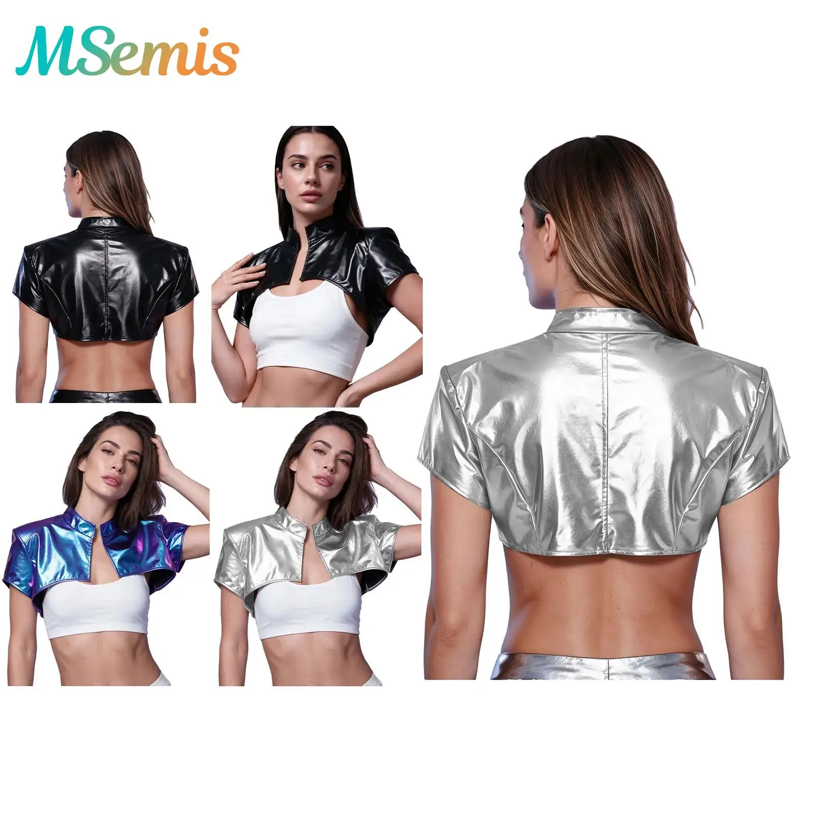 Women Front Zipper Stand Collar Cropped Shrug Jacket Tops Metallic Finish Shoulder Pads Bolero Outerwear Stage Performance Top
