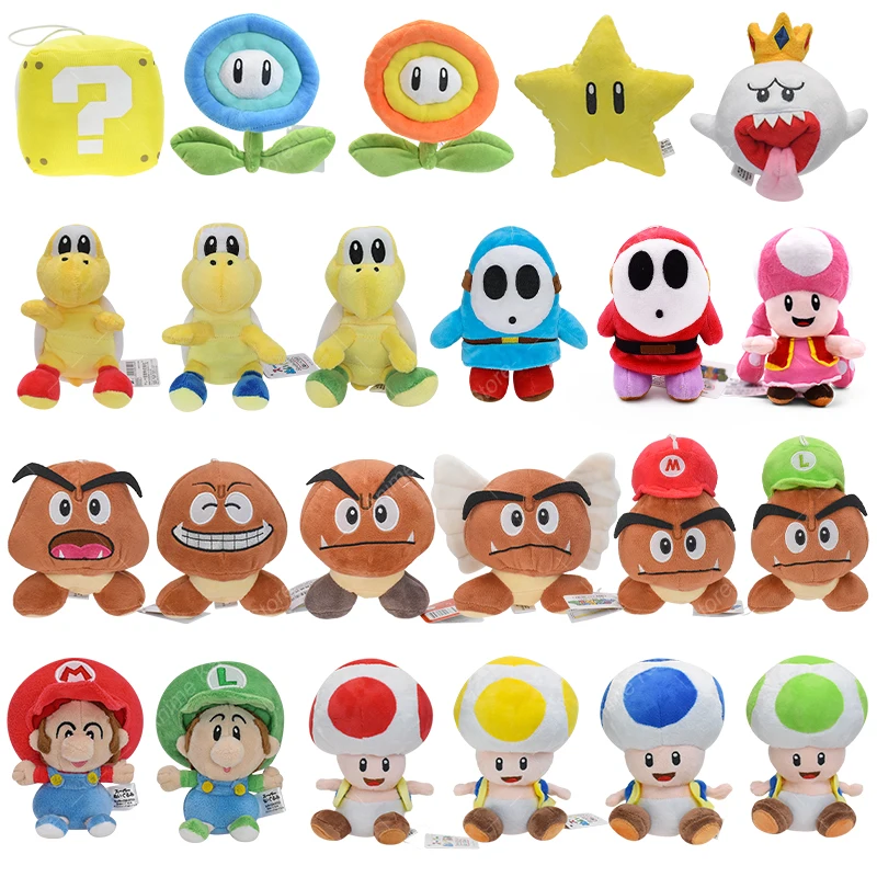 Mario recheado brinquedos de pelúcia, bonecas clássicas, estrela amarela, flor de fogo, princesa pêssego, sapo, Goomba, Koopa, 70 estilos