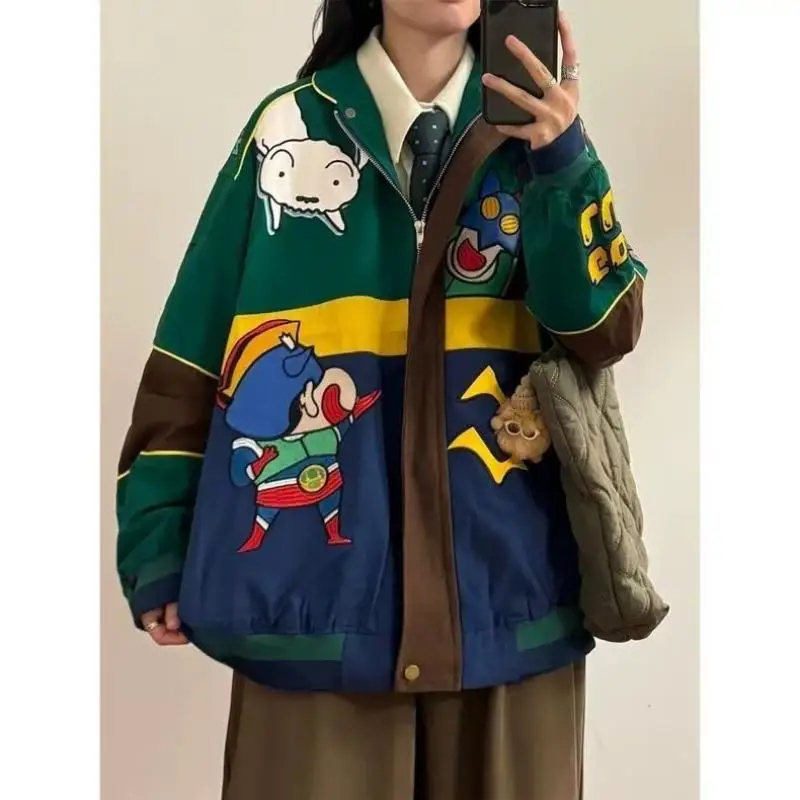 Spring Fall Crayon Shin-Chan Jacket Women American Retro Long Sleeve Motorcycle Baseball Jacket Cartoon Casual Loose Zipper Coat