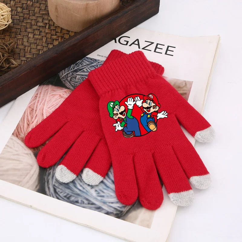 

Super Marios Bros Gloves Winter Knitted Finger Gloves Anime Figure Outdoor Travel Warm Hand Accessories Touch Screen Kids Gifts