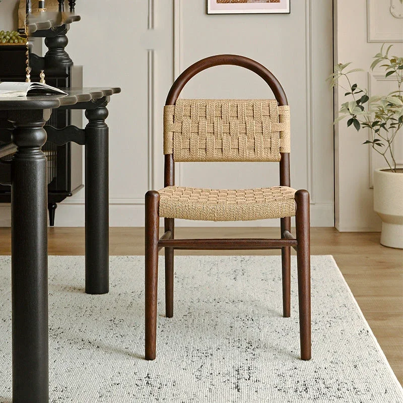 

French Vintage Rope-Woven Wooden Chair, Nordic Dining Room Backrest Chair, Designer Single Seat for Home or Restaurant