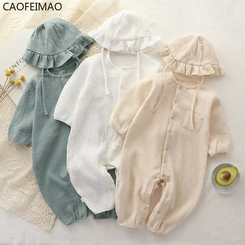 Caofeimao Baby Spring and Autumn New Climbing Clothes Newborn Long Hayi Cotton Solid Color Gauze Onesie Baby Summer Pajamas