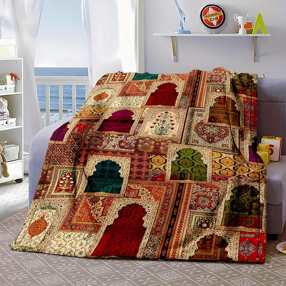 Moroccan Arch Floral Patchwork All Over Print Blanket, Light Flannel Throw For Couch Room, Bohemian Ethnic Daily Blanket